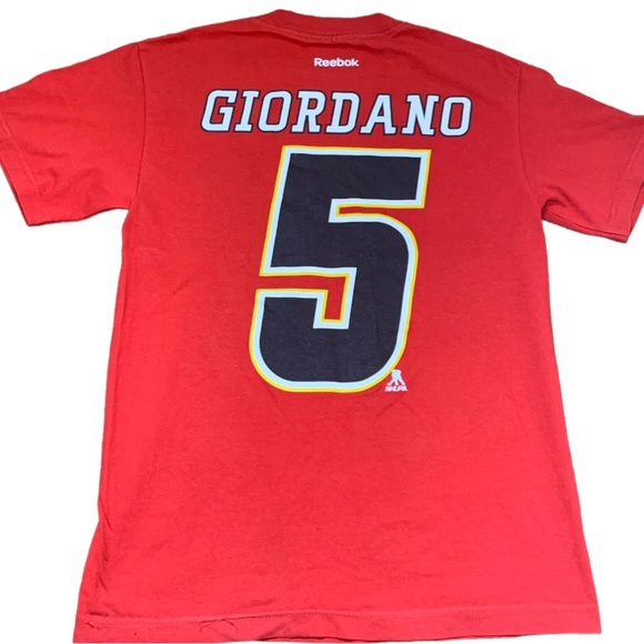 REEBOK NHL OFFICIAL CALGARY FLAMES Giordano Print Tee W Cap Sleeves Red Boys 12Y - Picture 6 of 8